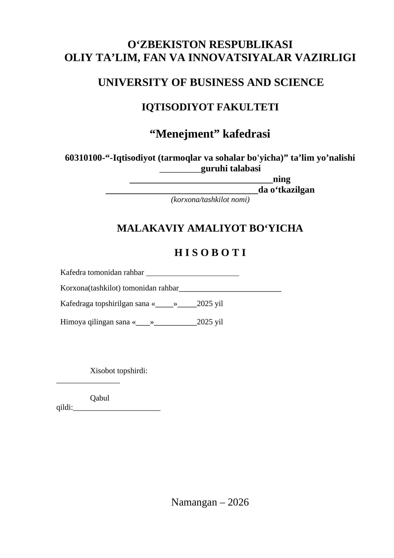 MALAKAVIY AMALIYOT BO‘YICHA H I S O B O T I