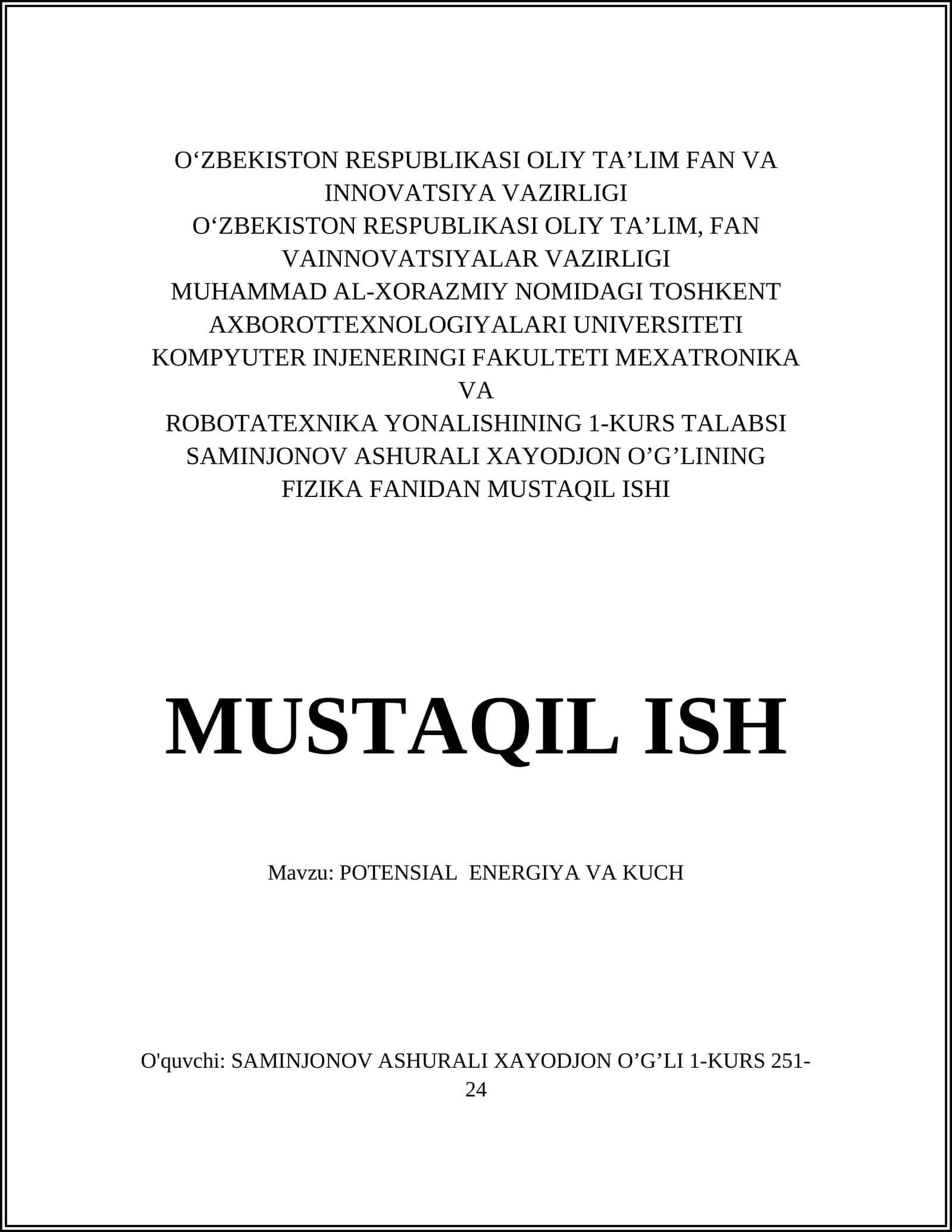 POTENSIAL ENERGIYA VA KUCH