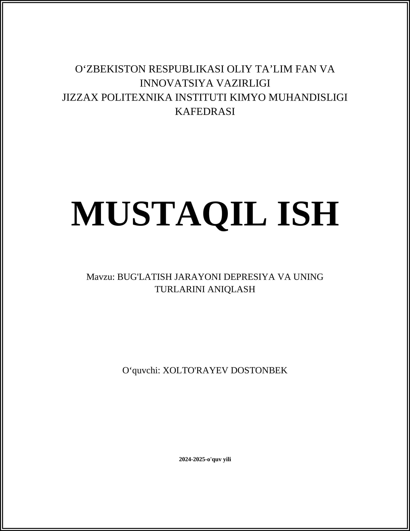 BUG'LATISH JARAYONI DEPRESIYA VA UNING TURLARINI ANIQLASH
