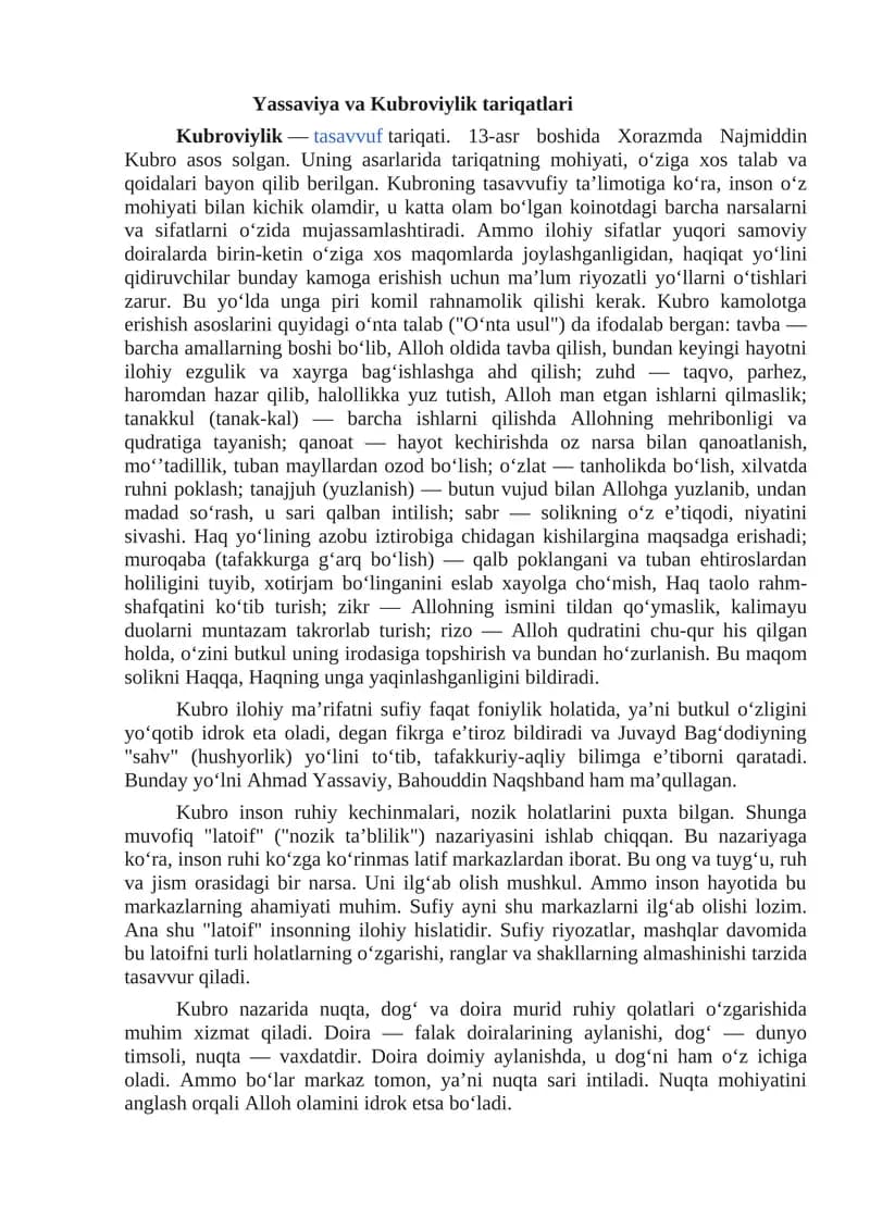 Yassaviya va Kubroviylik tariqatlari