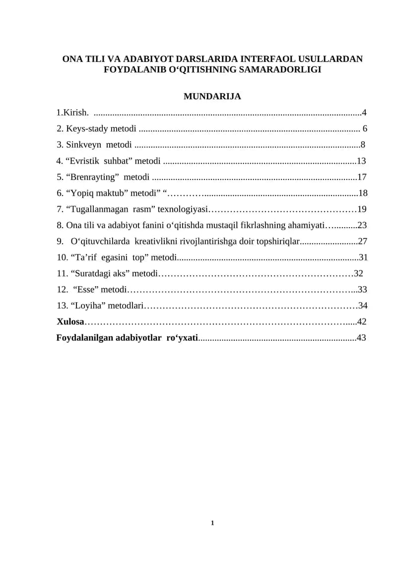 ONA TILI VA ADABIYOT DARSLARIDA INTERFAOL USULLARDAN