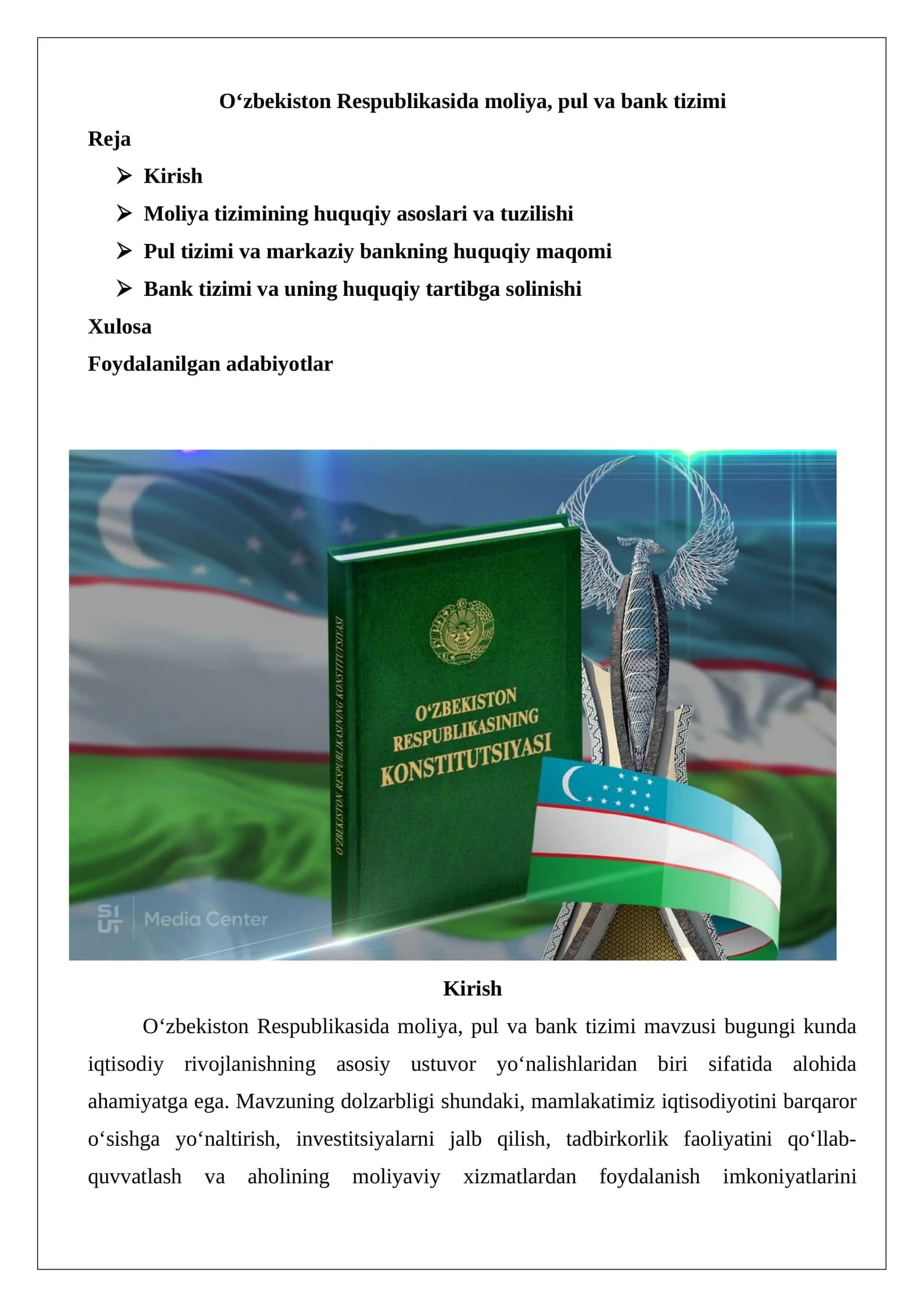 O‘zbekiston Respublikasida moliya, pul va bank tizimi