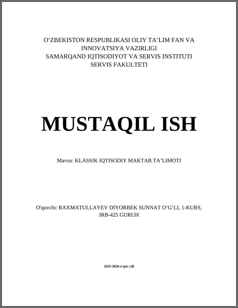 KLASSIK IQTISODIY MAKTAB TA’LIMOTI