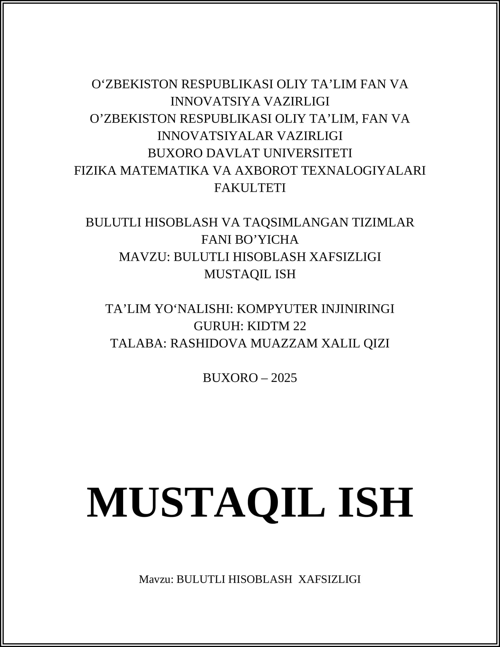 BULUTLI HISOBLASH XAFSIZLIGI