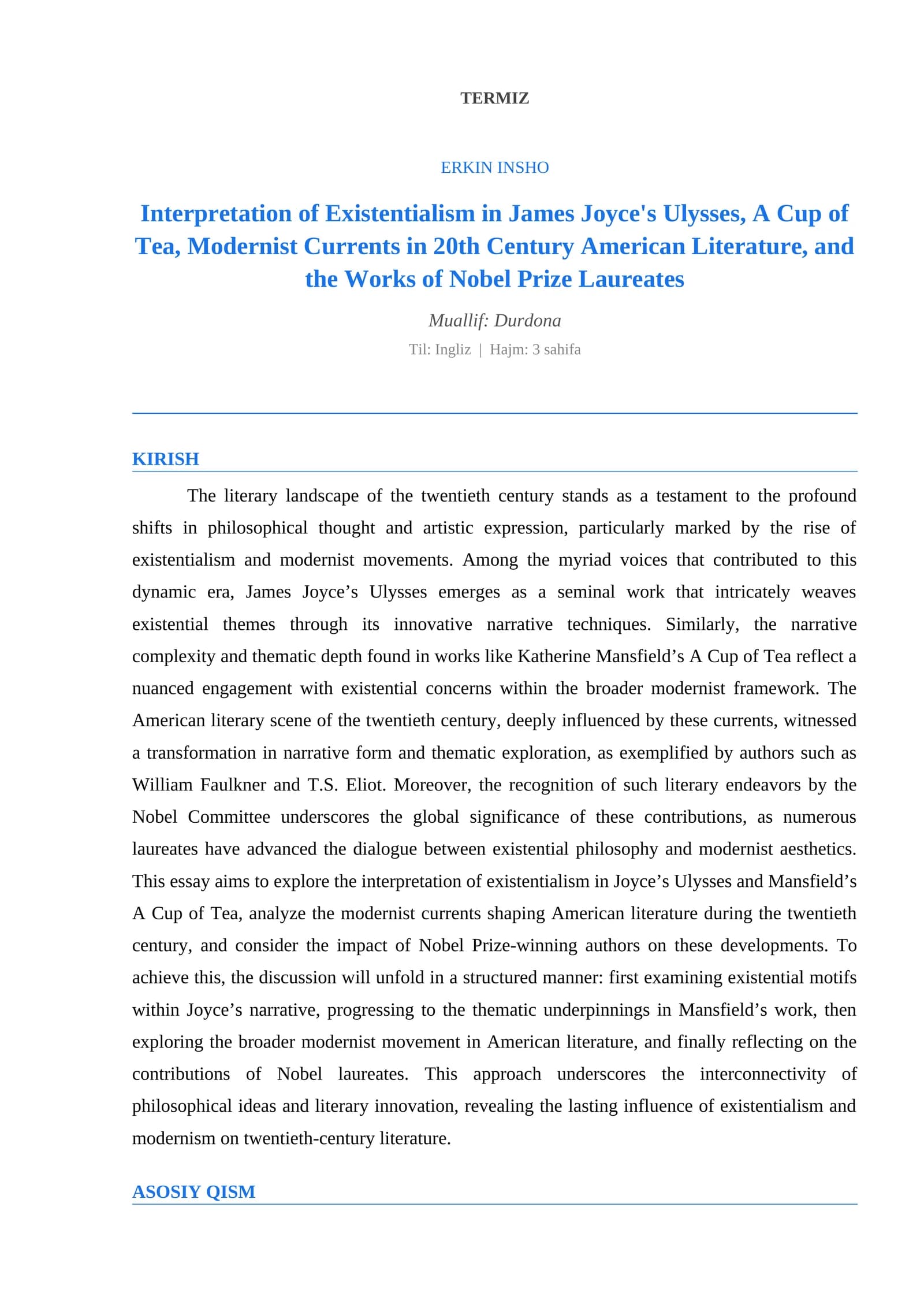 Interpretation of Existentialism in James Joyce's Ulysses, A Cup of Tea, Modernist Currents in 20th Century American Literature, and the Works of Nobel Prize Laureates