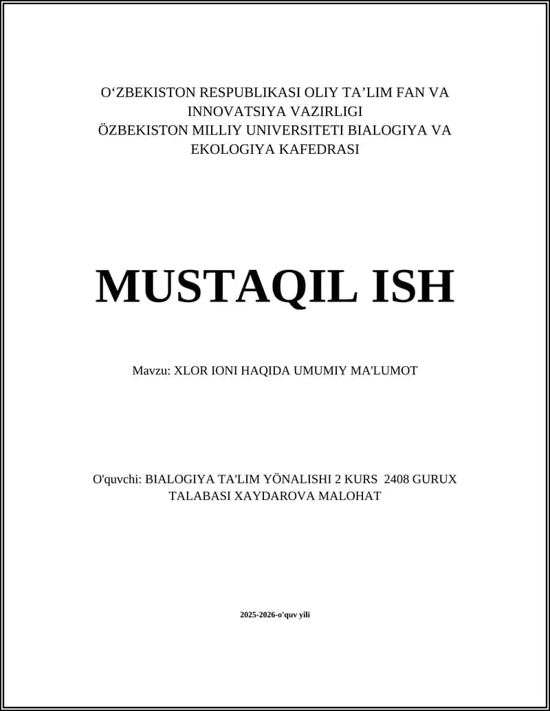 XLOR IONI HAQIDA UMUMIY MA'LUMOT