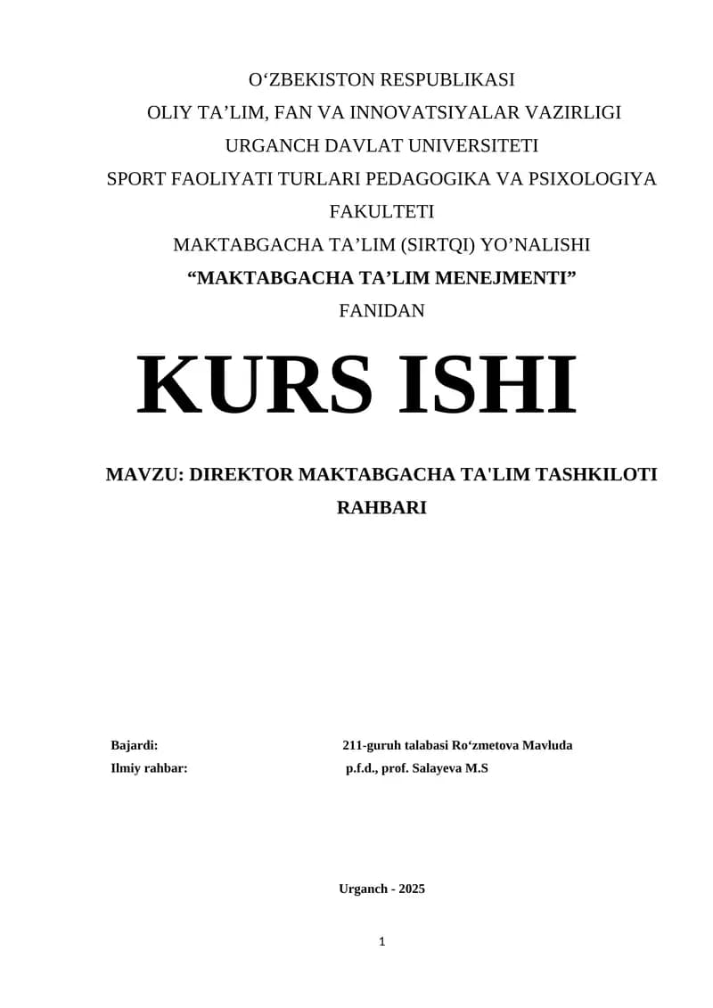 MAKTABGACHA TA’LIM MENEJMENTI
