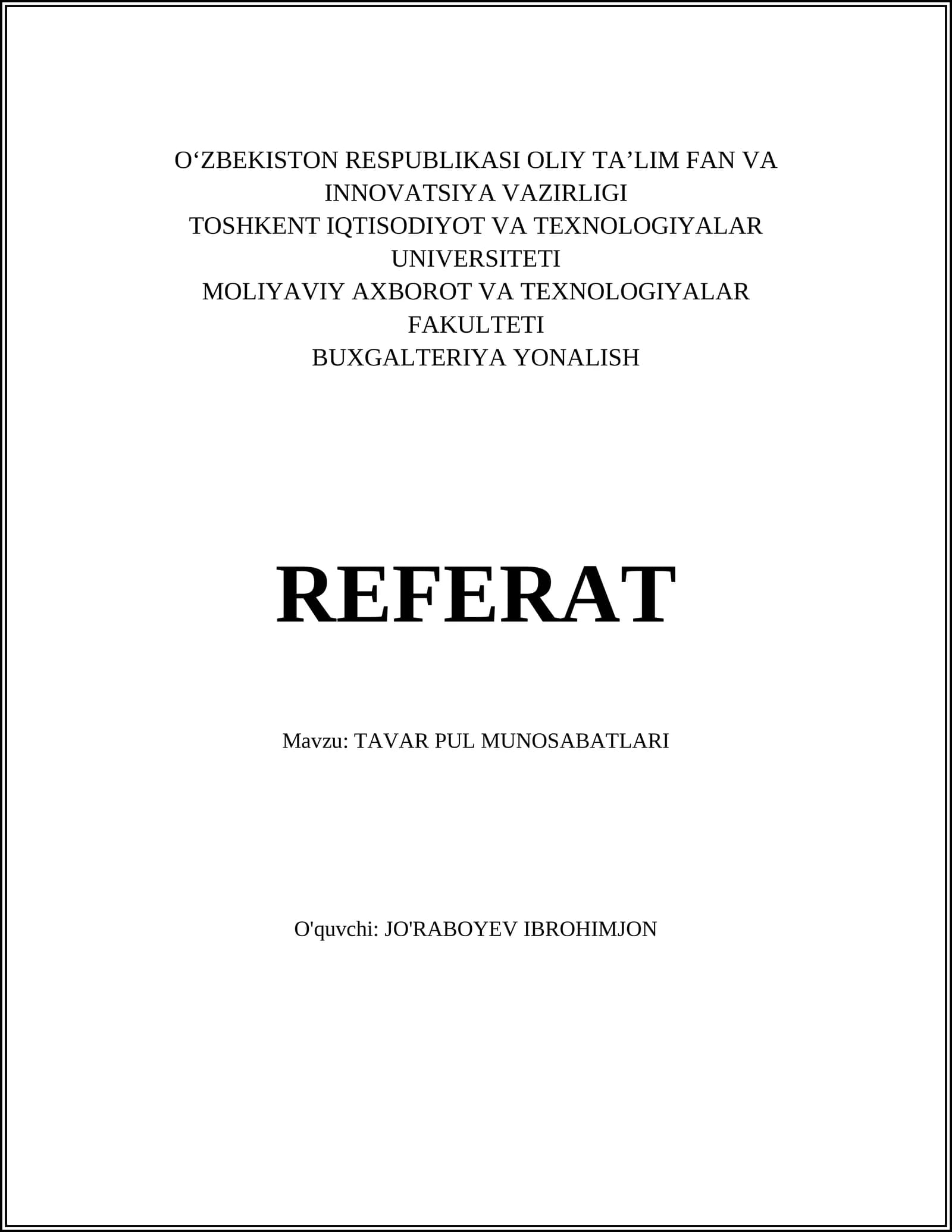 TAVAR PUL MUNOSABATLARI