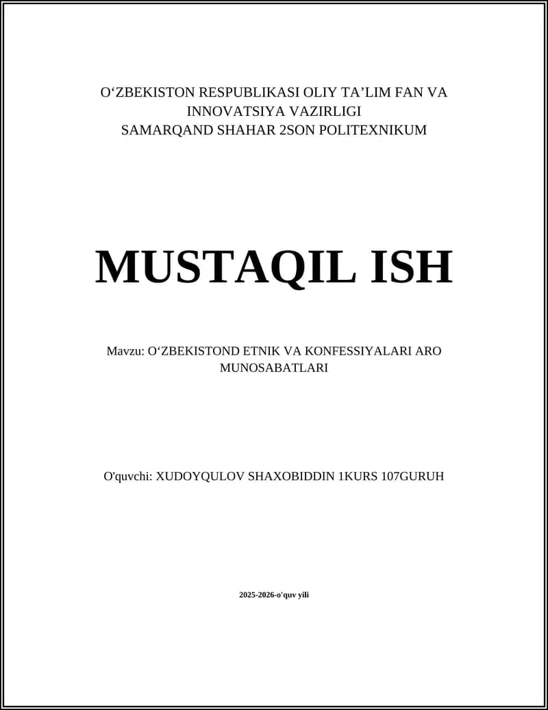 OʻZBEKISTOND ETNIK VA KONFESSIYALARI ARO MUNOSABATLARI