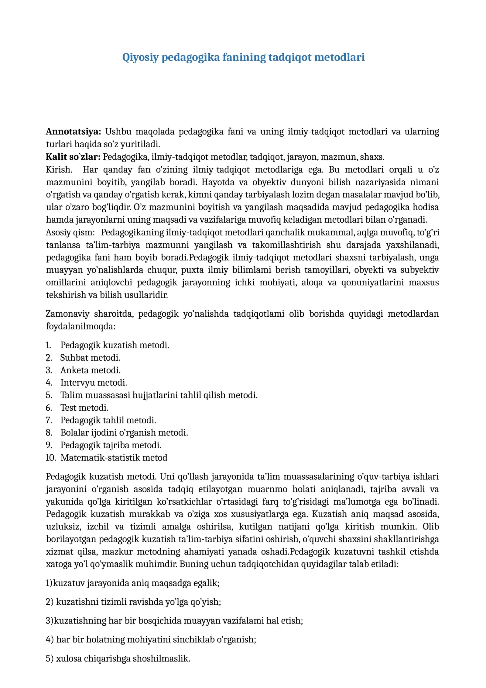 Qiyosiy pedagogika fanining tadqiqot metodlari