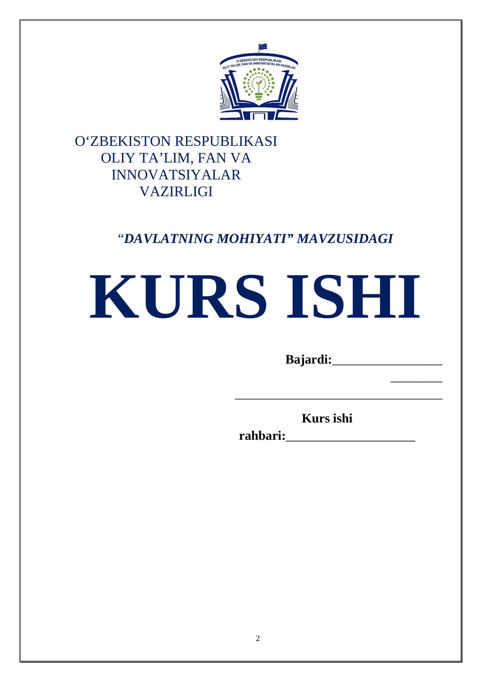 DAVLATNING MOHIYATI MAVZUSIDAGI KURS ISHI