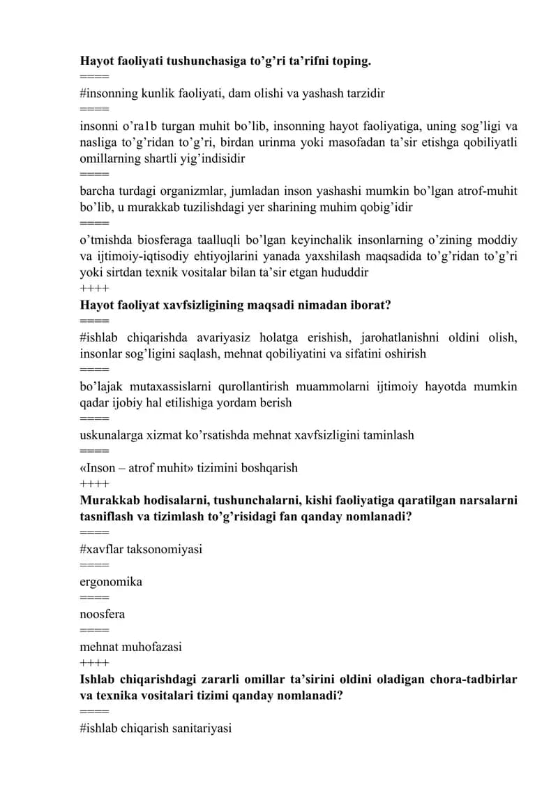 Hayot va inson fani test
