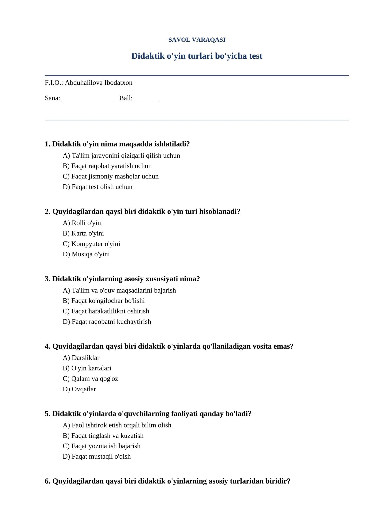 Didaktik o'yin turlari bo'yicha test