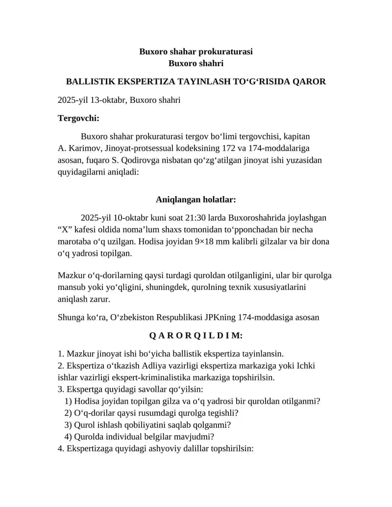 BALLISTIK EKSPERTIZA TAYINLASH NAMUNA