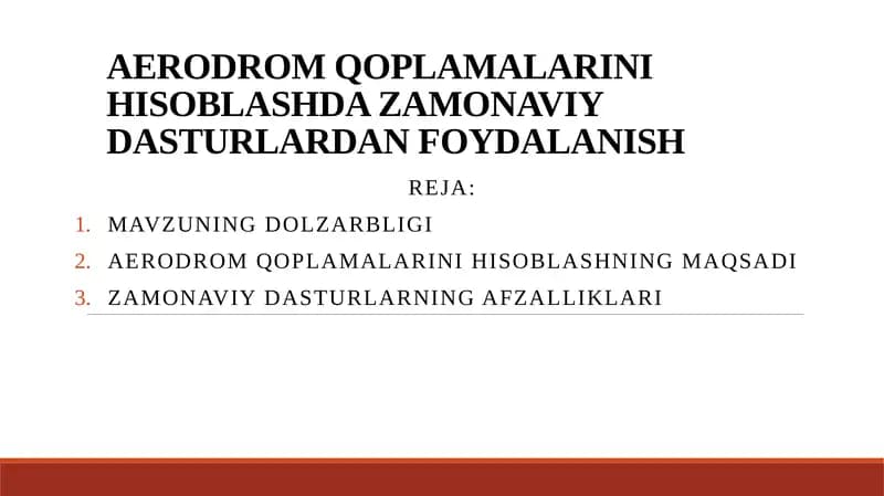 AERODROM QOPLAMALARINI HISOBLASHDA ZAMONAVIY DASTURLARDAN FOYDALANISH