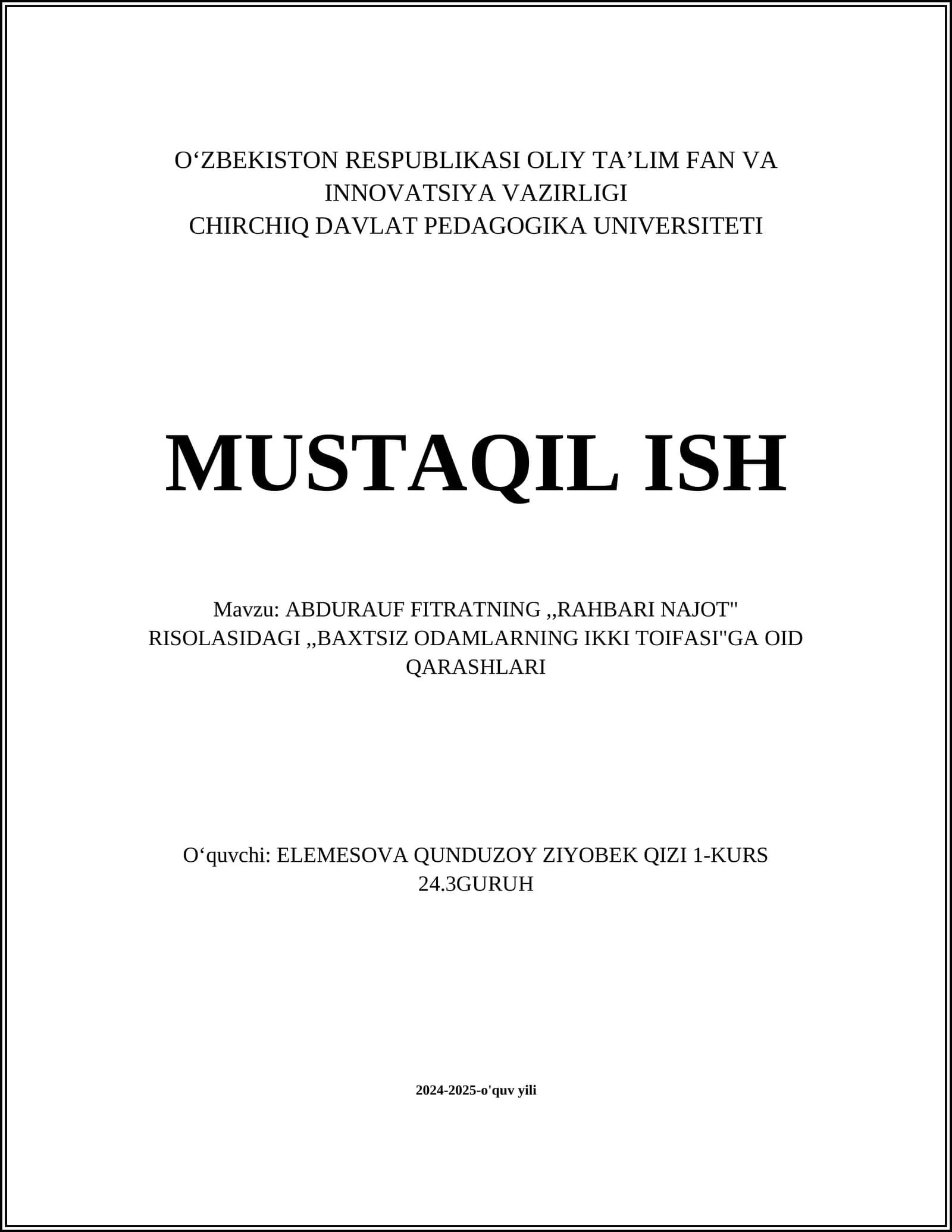 ABDURAUF FITRATNING,,RAHBARI NAJOT" RISOLASIDAGI,,BAXTSIZ ODAMLARNING IKKI TOIFASI"GA OID QARASHLARI