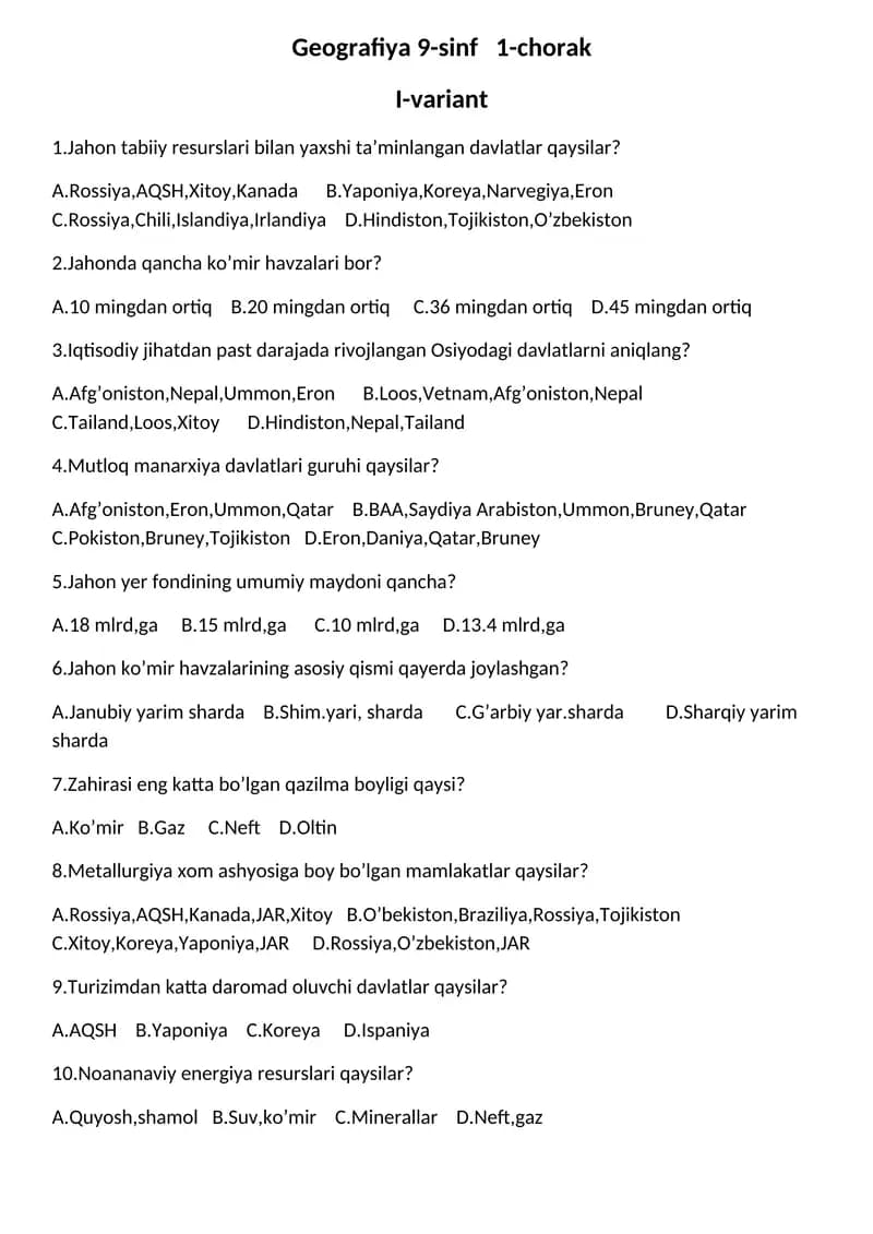 Geografiya 9-sinf 1-chorak