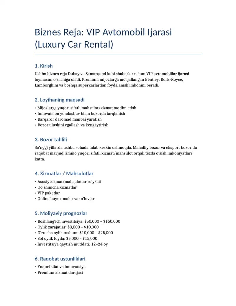 VIP Avtomobil Ijarasi (Luxury Car Rental)
