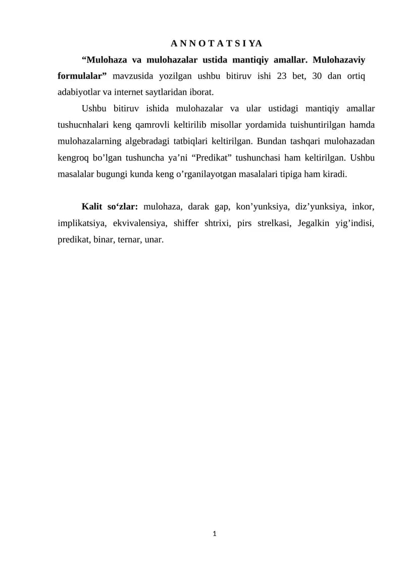 Mulohaza va mulohazalar ustida mantiqiy amallar. Mulohazaviy formulalar