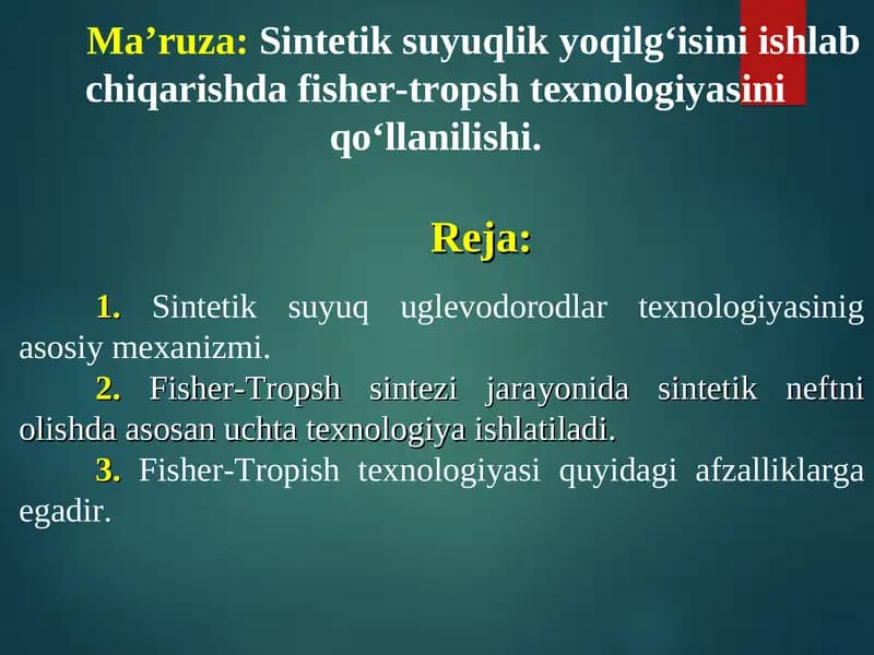 Sintetik suyuq uglevodorodlar texnologiyasi