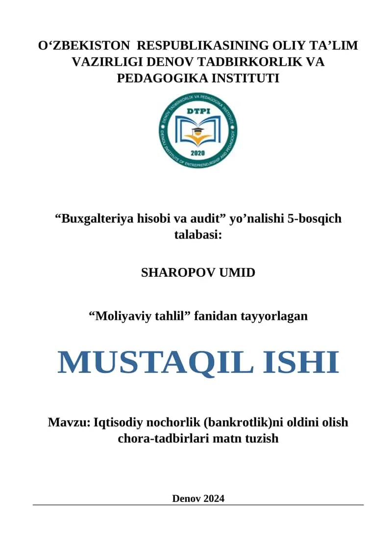 Iqtisodiy nochorlik (bankrotlik)ni oldini olish chora-tadbirlari
