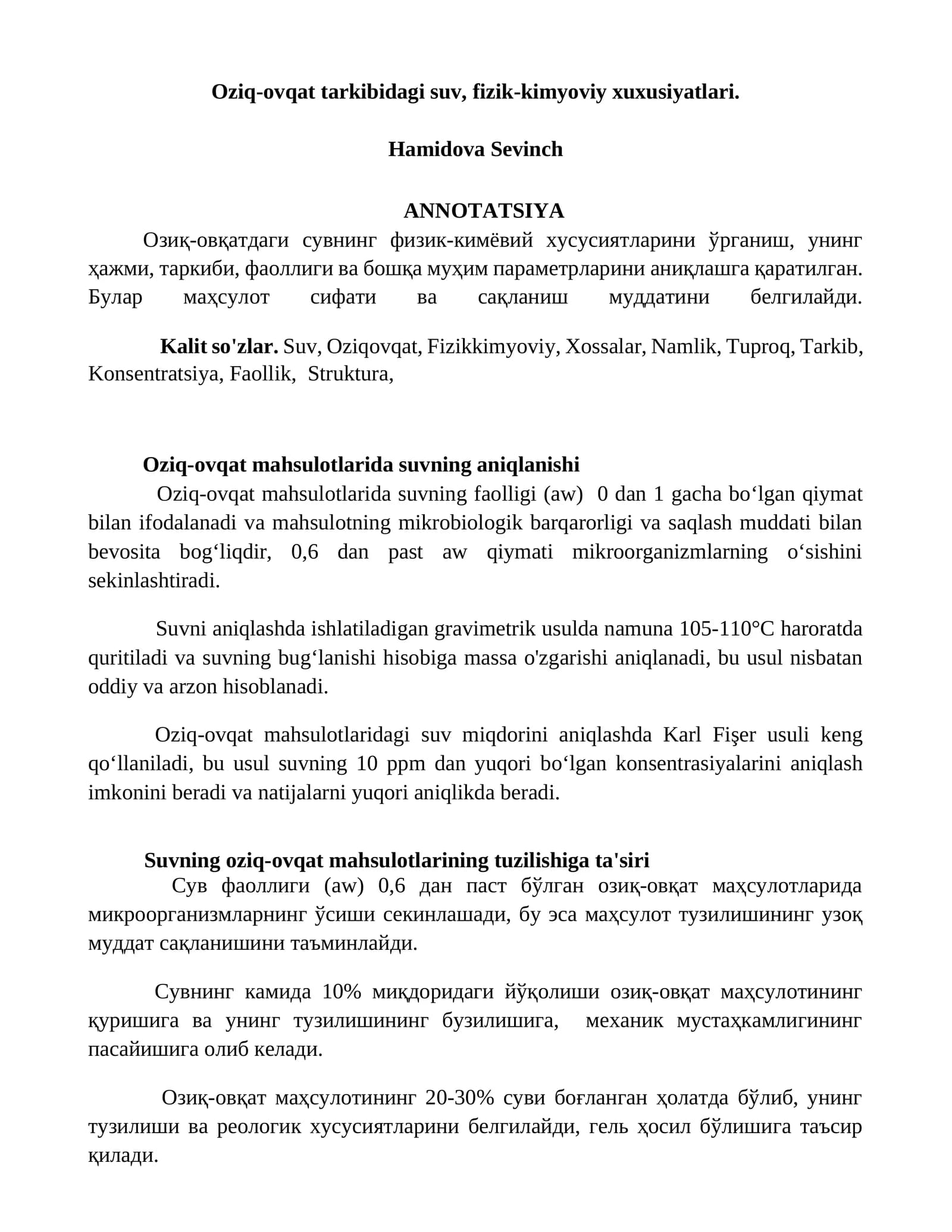 Oziq-ovqat mahsulotlarida suvning aniqlanishi