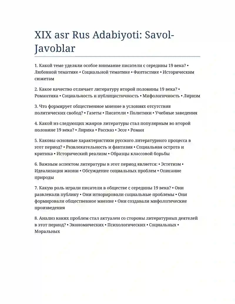 XIX asr Rus Adabiyoti: Savol-Javoblar