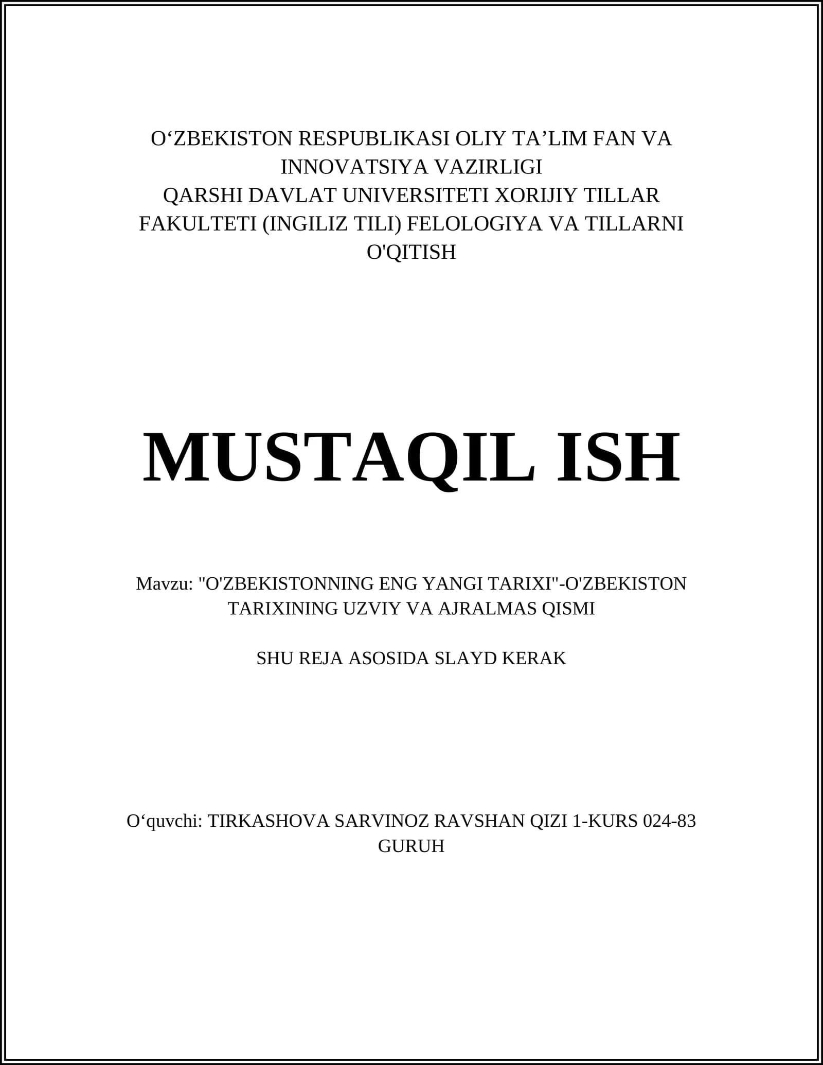 O'zbekistonning Eng Yangi Tarixi