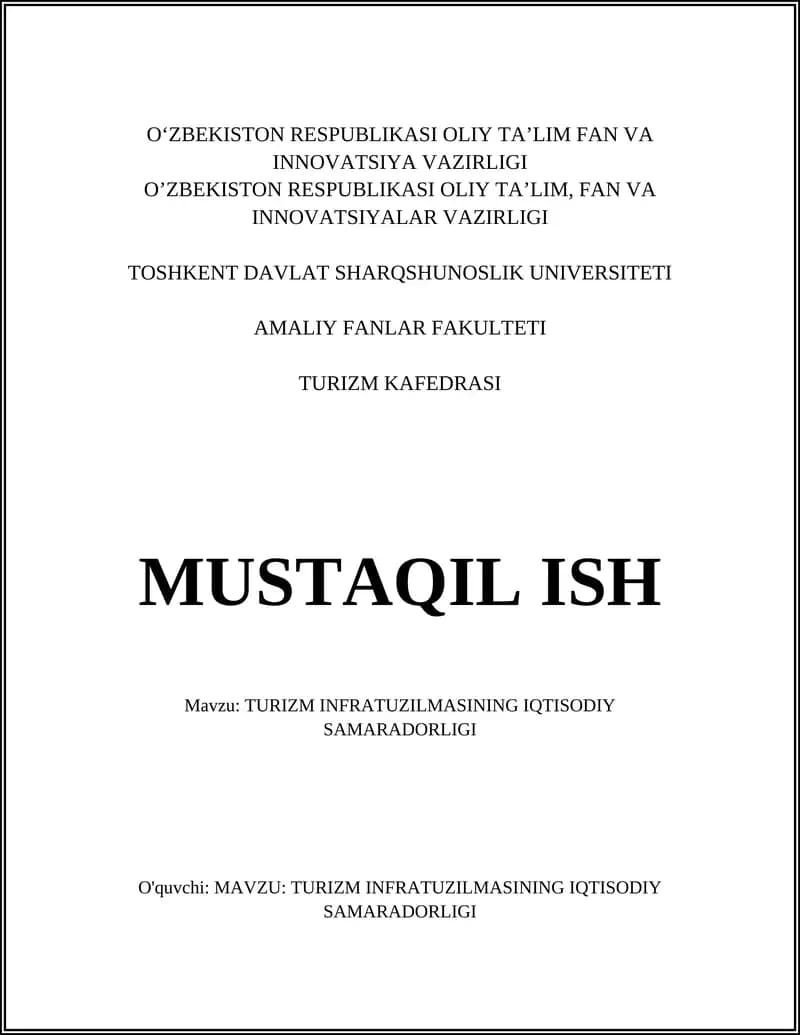 TURIZM INFRATUZILMASINING IQTISODIY SAMARADORLIGI