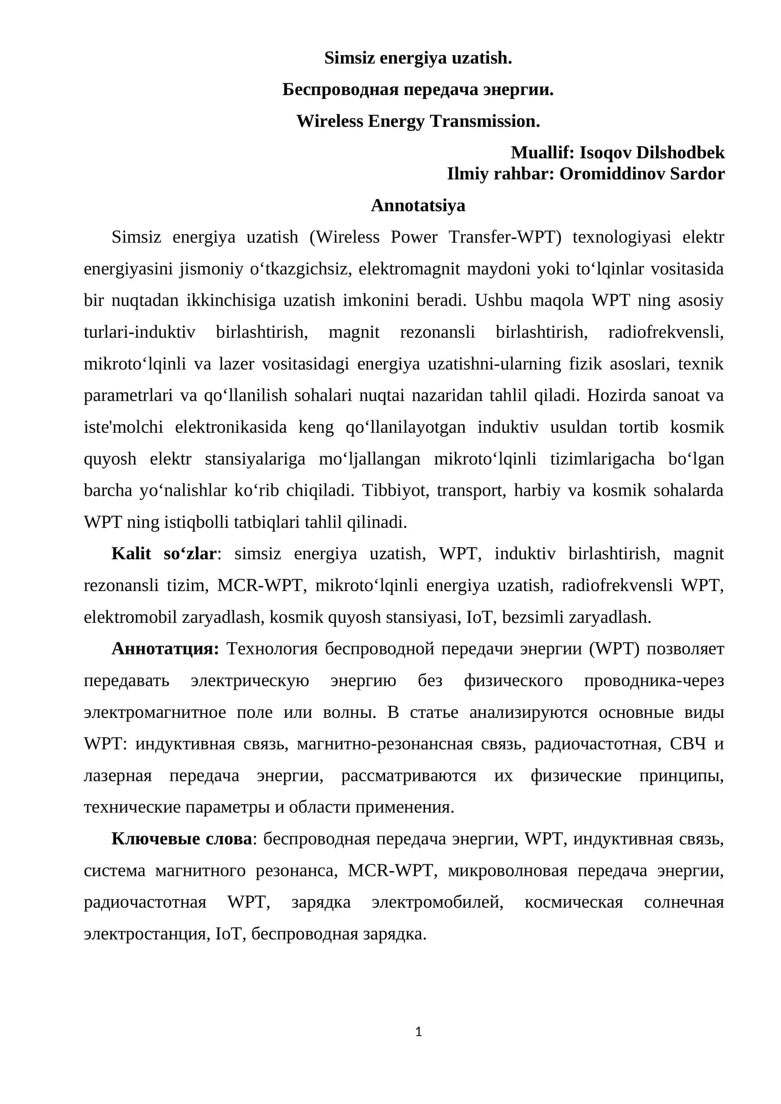 Simsiz energiya uzatish