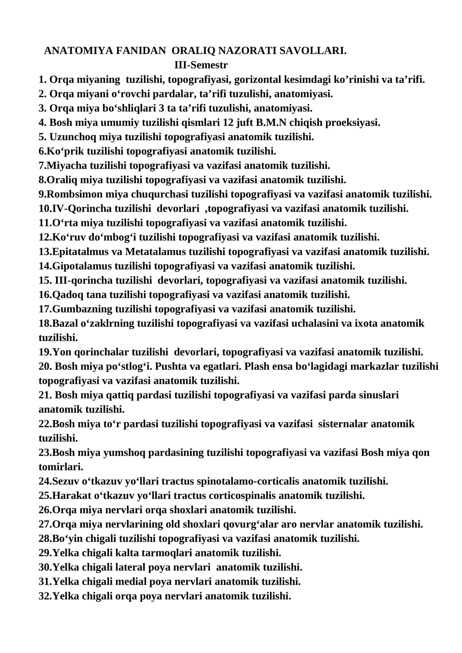 ANATOMIYA FANIDAN ORALIQ NAZORATI SAVOLLARI