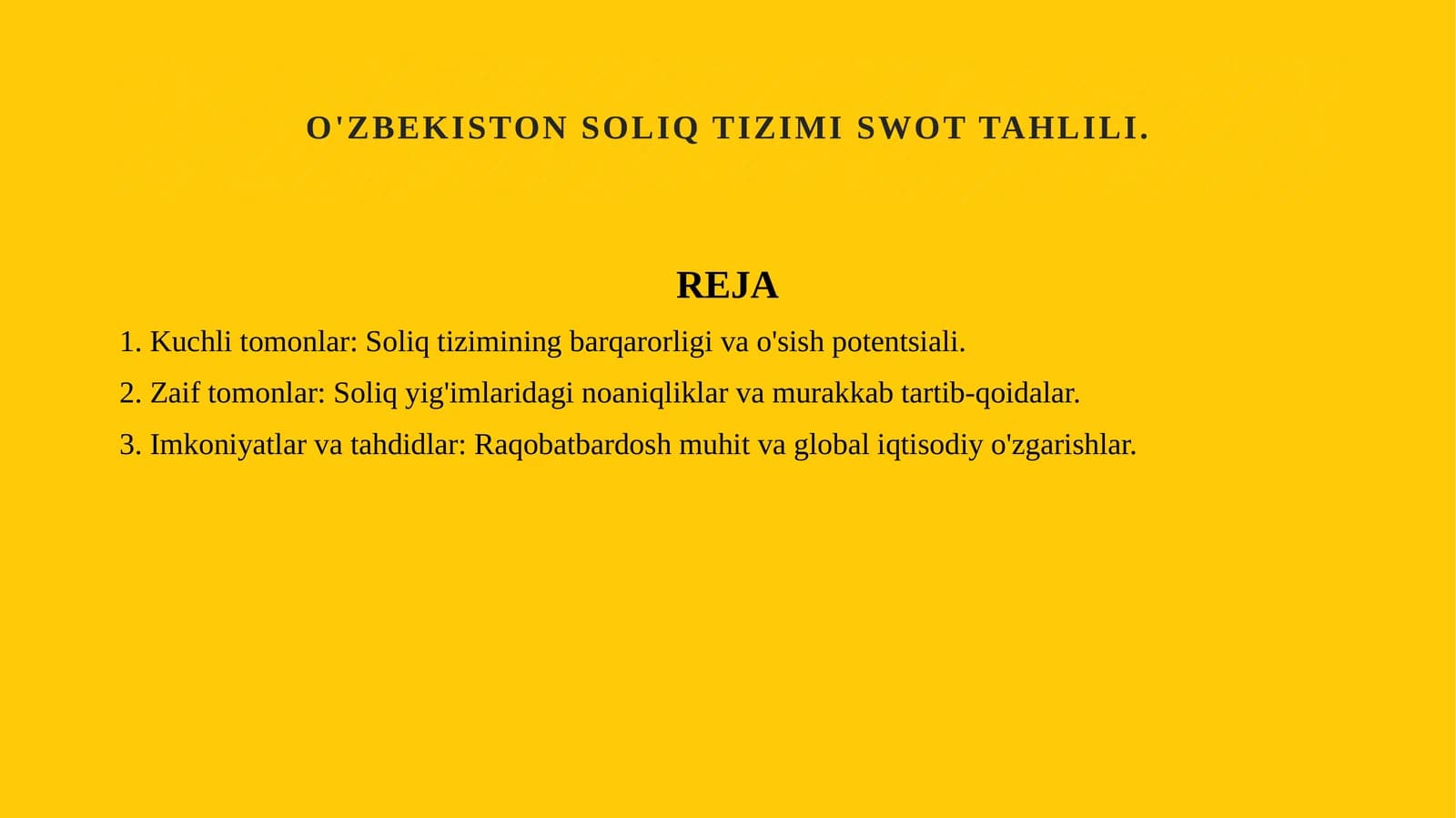 O'zbekiston Soliq tizimi SWOT tahlili.li