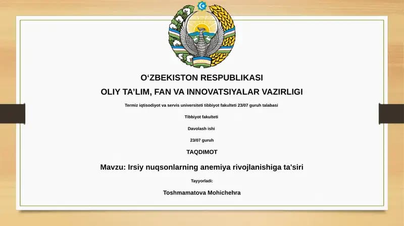 Irsiy nuqsonlarning anemiya rivojlanishiga ta'siri