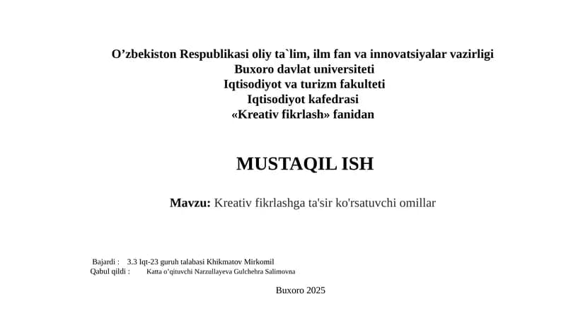 Kreativ fikrlash gata'sir ko'rsatuvchi o'millar