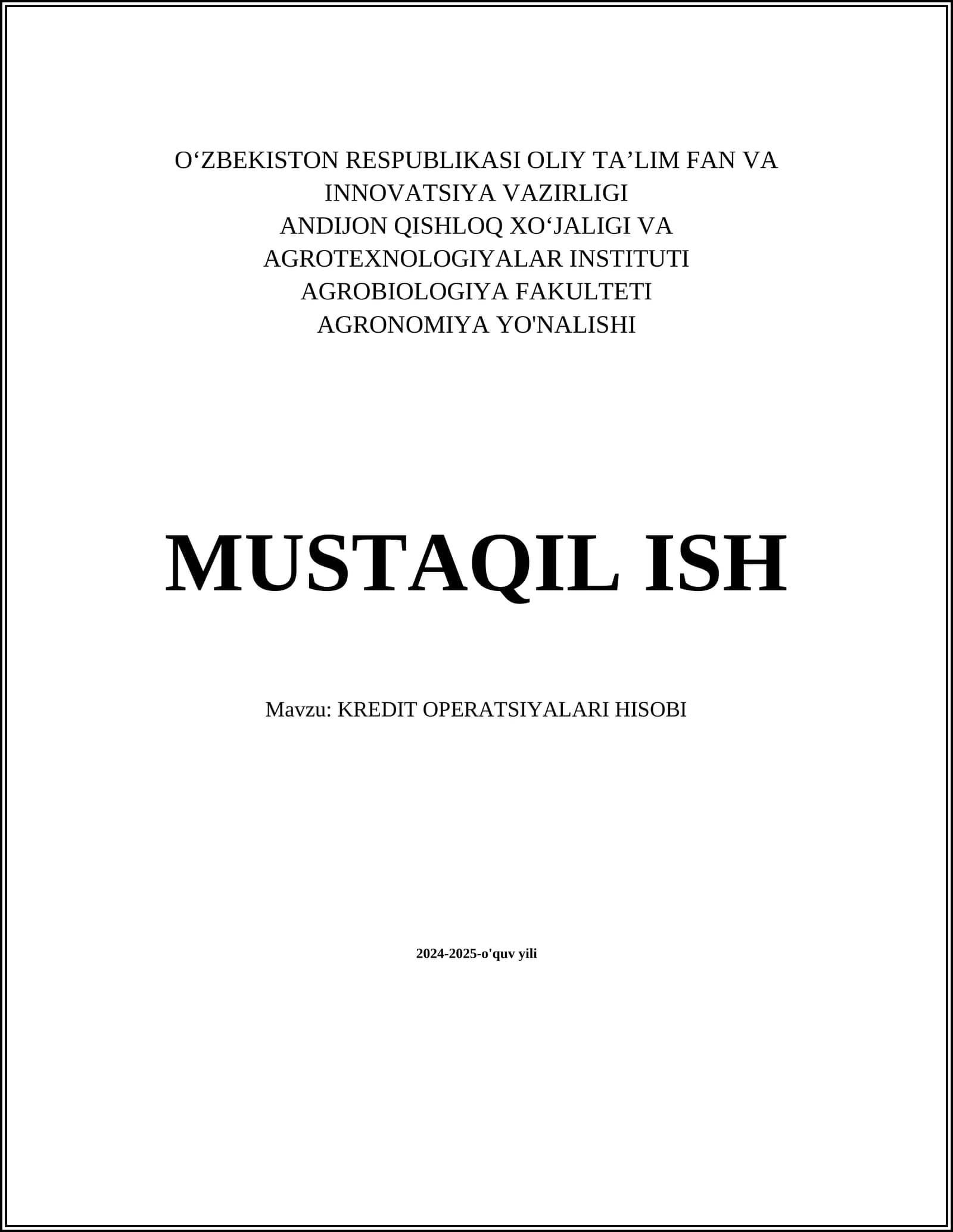 KREDIT OPERATSIYALARI HISOBI