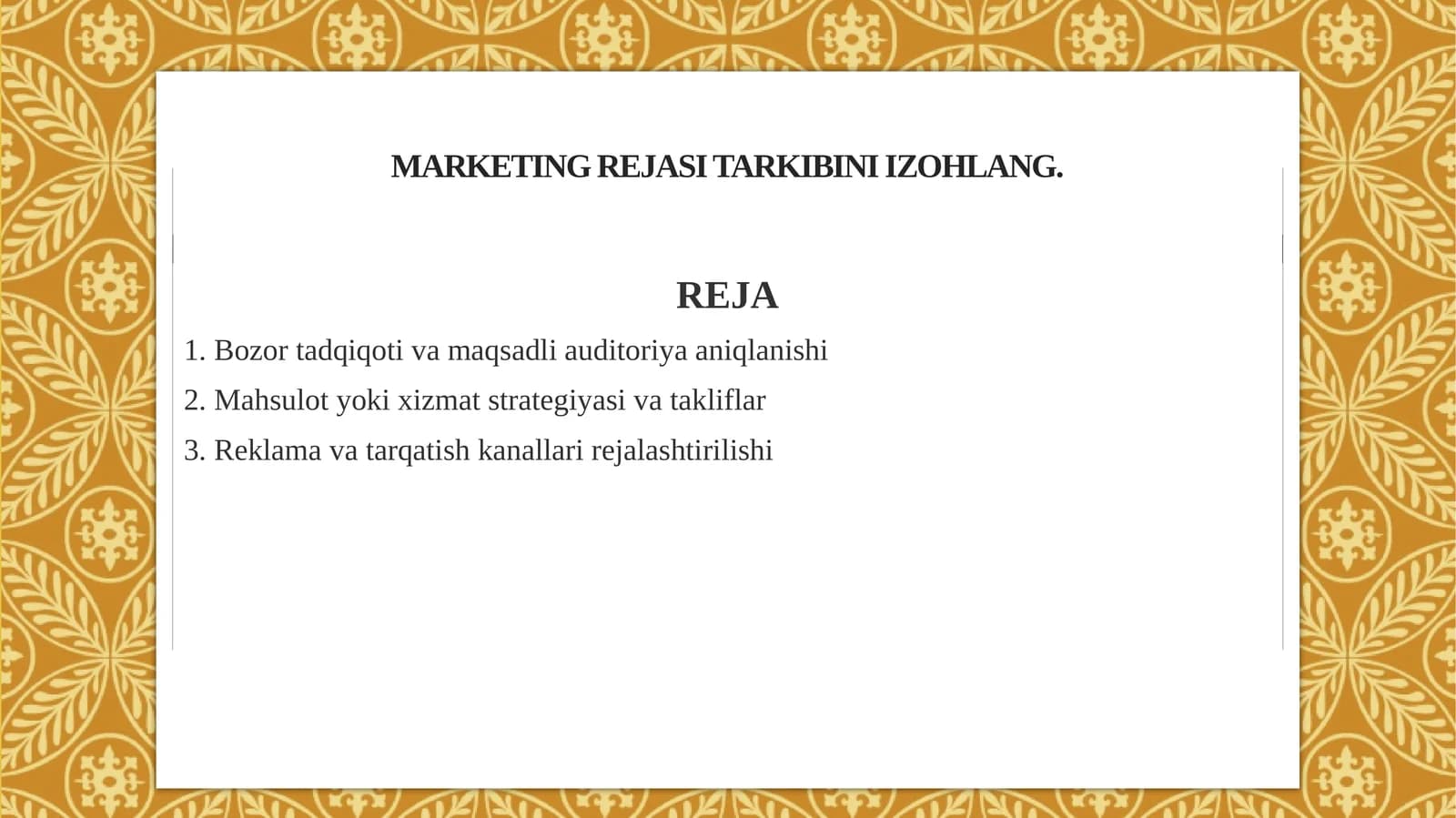 Marketing rejasi tarkibini izohlang.