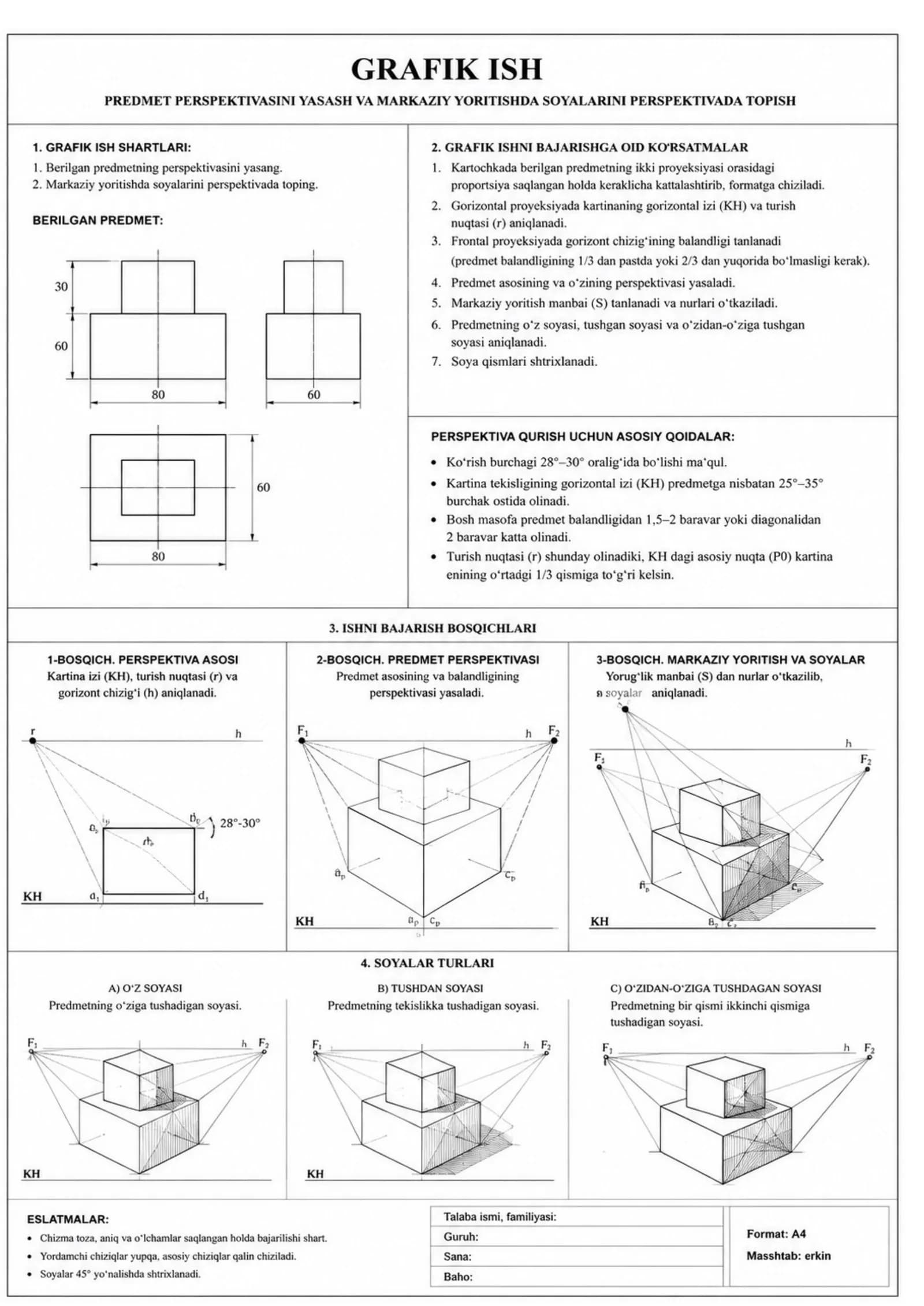 Perspektivada predmet soyalarini qurish — Grafik ish va amaliy topshiriq