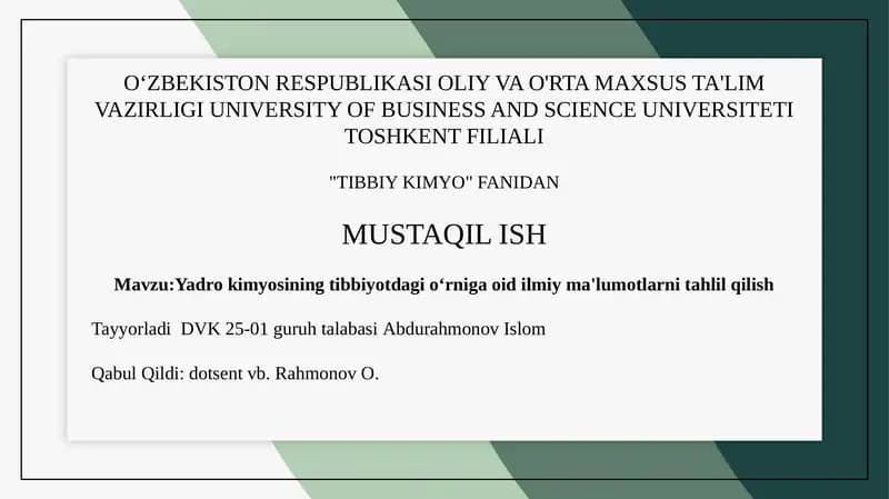Yadro kimyosining tibbiyotdagi o'rniga oid ma'lumotlar