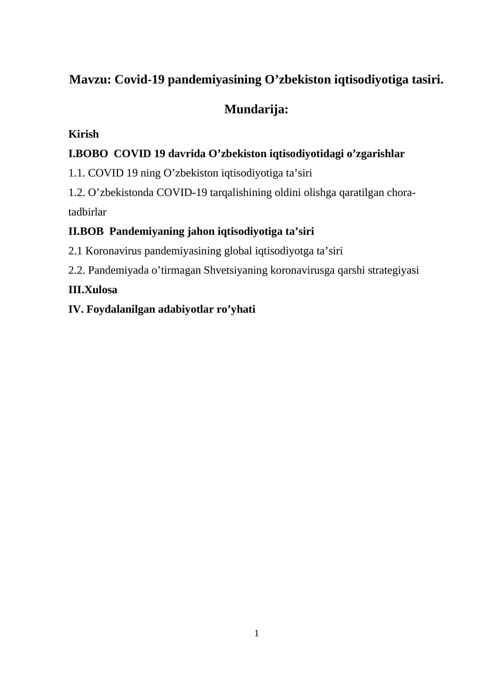 Covid-19 pandemiyasining O’zbekiston iqtisodiyotiga tasiri