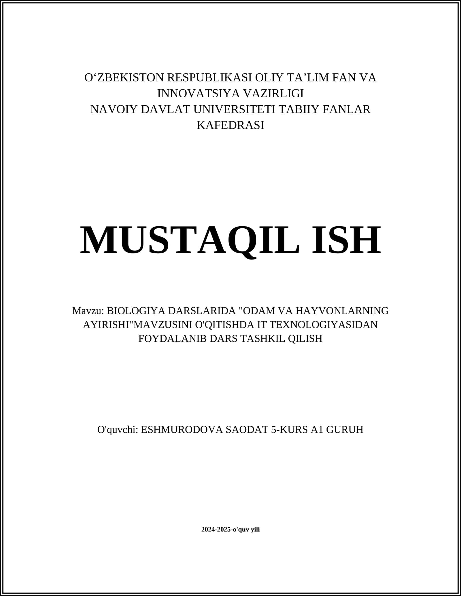 ODAM VA HAYVONLARNING AYIRISHI DARS TASHKIL QILISH