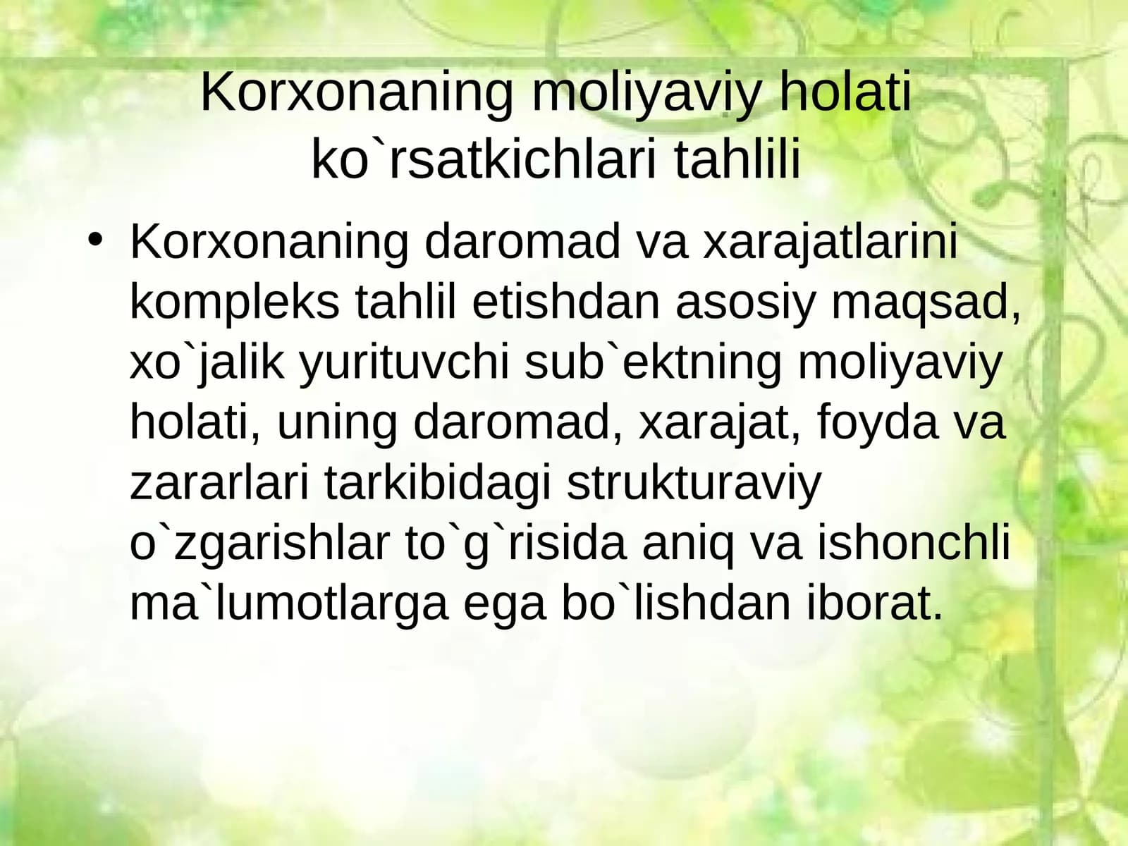 Korxonaning moliyaviy holati ko`rsatkichlari tahlili