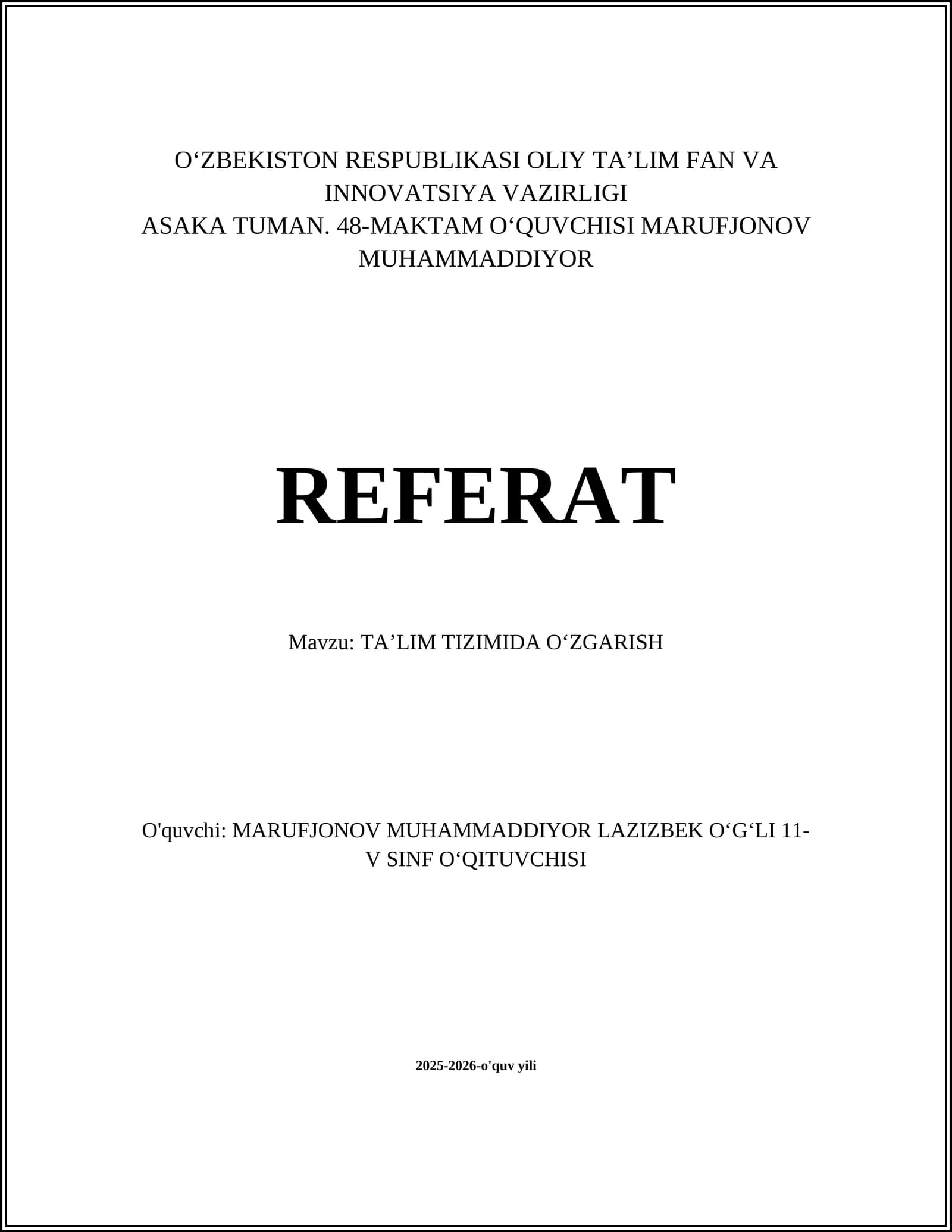 TAʼLIM TIZIMIDA OʻZGARISH