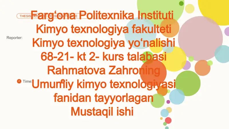 Kimyotexnologiya yoʻnalishida mustaqil ish