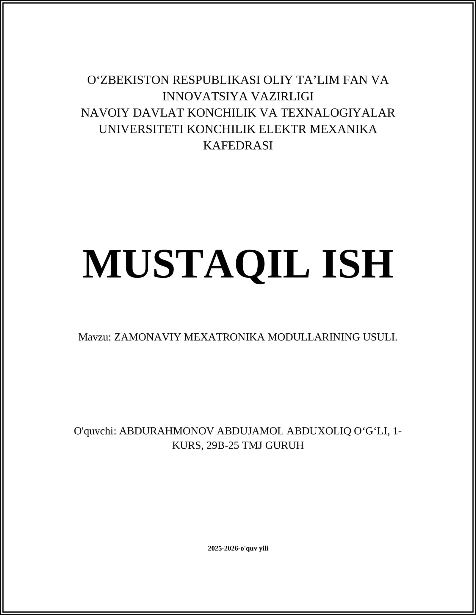 ZAMONAVIY MEXATRONIKA MODULLARINING USULI