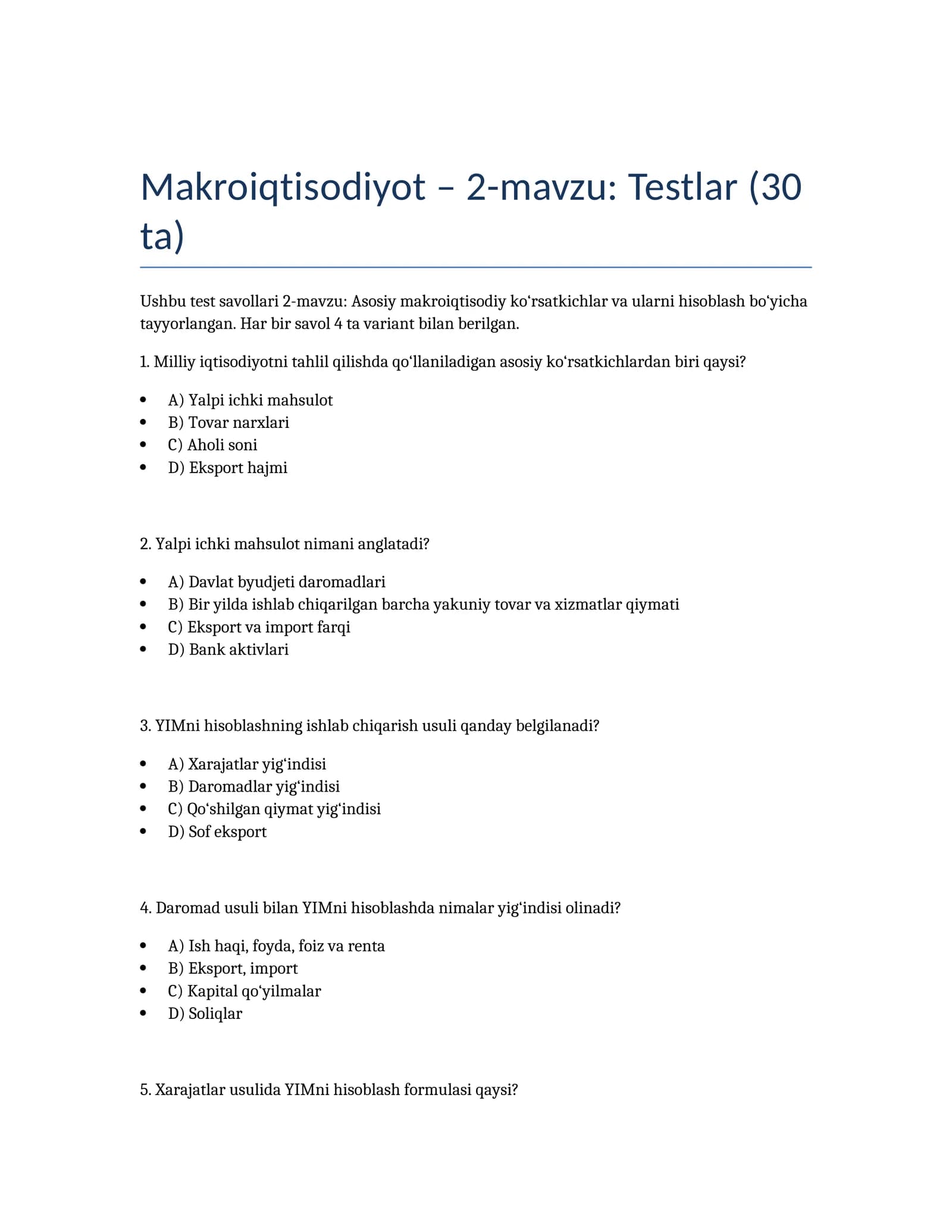 Makroiqtisodiyot – 2-mavzu: Testlar (30 ta)