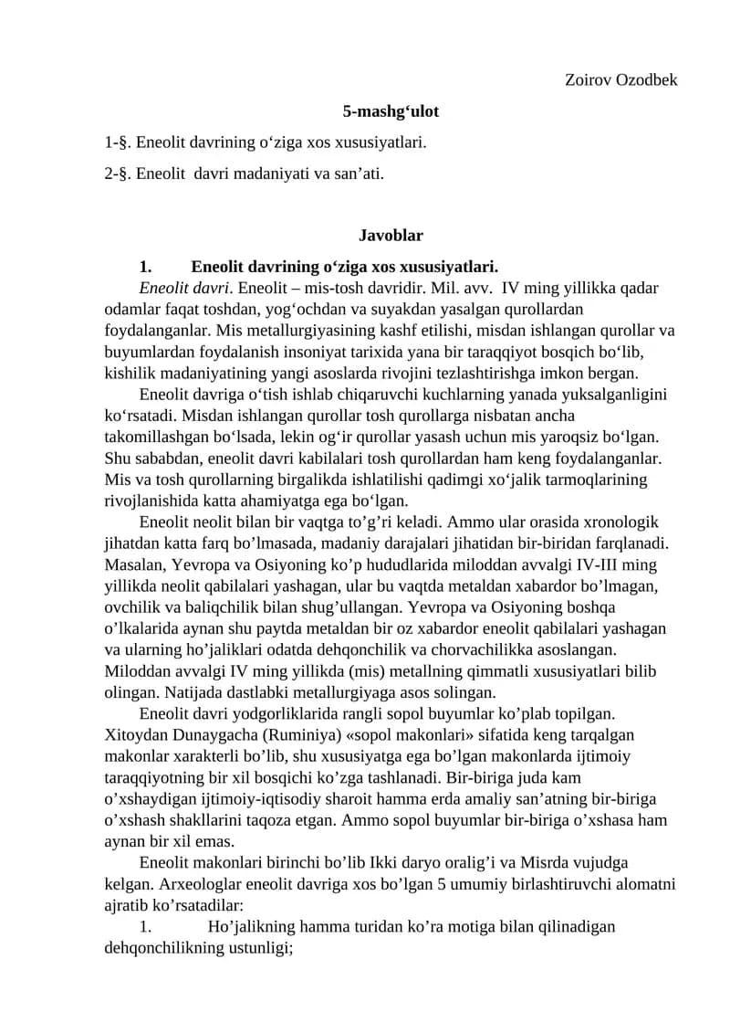 Eneolit davrining o'ziga xos xususiyatlari