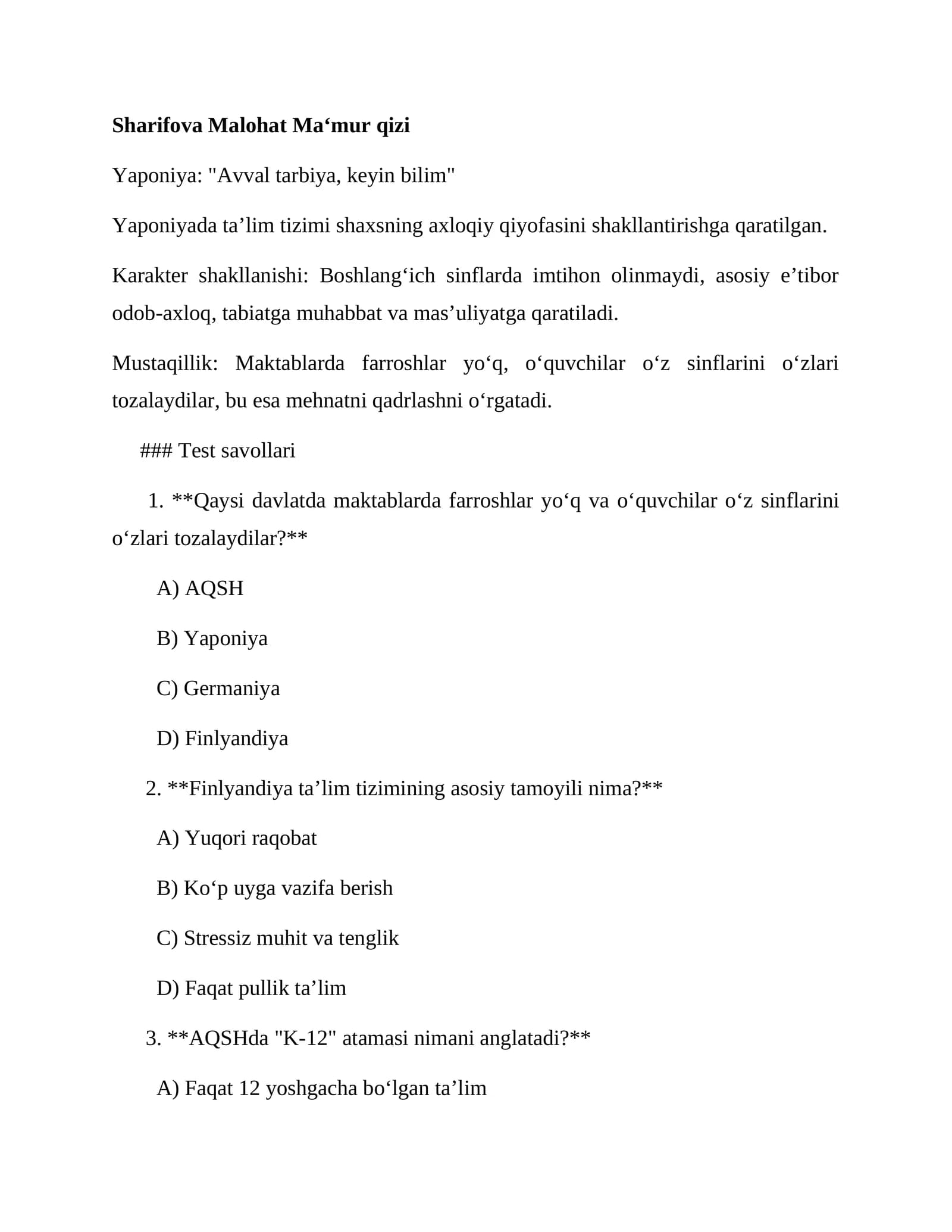Yaponiya: "Avval tarbiya, keyin bilim"