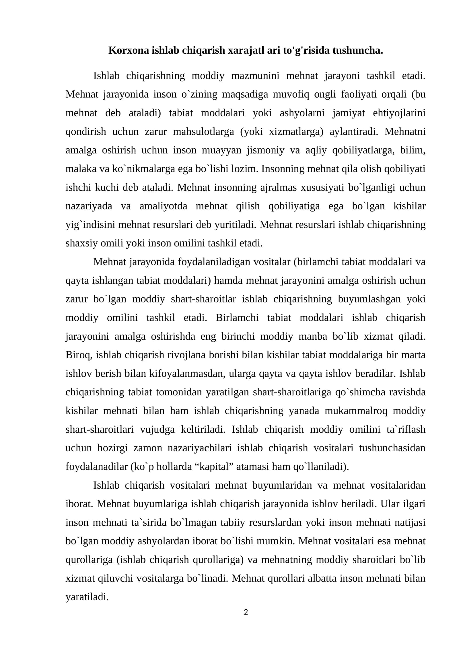 Mehnat jarayonining moddiy mazmuni