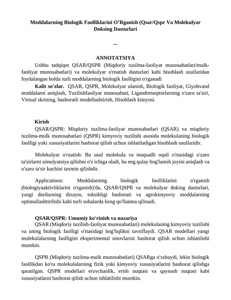 Moddalarning Biologik Faolliklarini O’Rganish