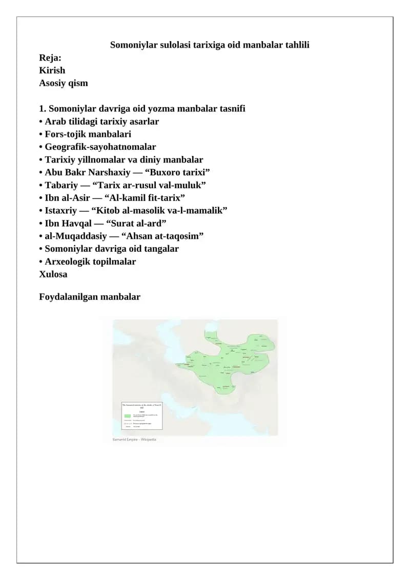 Somoniylar sulolasi tarixiga oid manbalar tahlili